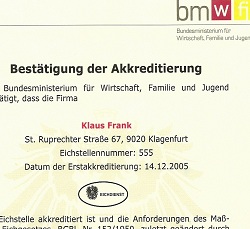 FRANK Waagen und Maschienen Eichungen Zertifikate
