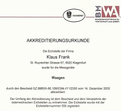 FRANK Waagen und Maschienen Eichungen Zertifikate